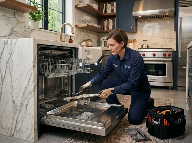 Appliance Repair Hero technician servicing a built-in dishwasher in a Big Sur, CA kitchen