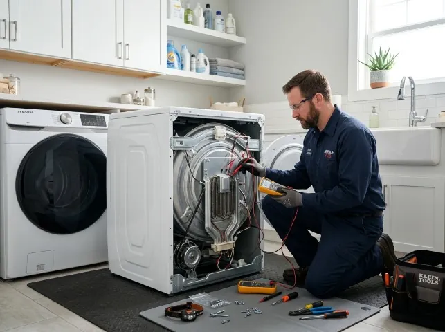 Appliance Repair Hero technician checking a dryer heating element with the rear panel off in Big Sur, CA