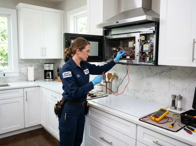 Appliance Repair Hero technician testing an over-the-range microwave in a Big Sur, CA kitchen