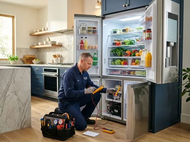 Appliance Repair Hero refrigerator technician testing a fridge on a Big Sur, CA service call