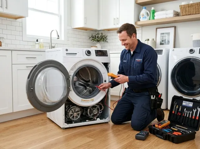 Appliance Repair Hero technician testing a front-load washer with a multimeter on a Big Sur, CA service call